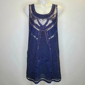 Alga Francescas Navy Blue Silver Bronze Sequin Beaded Art Deco Shift Dress Small